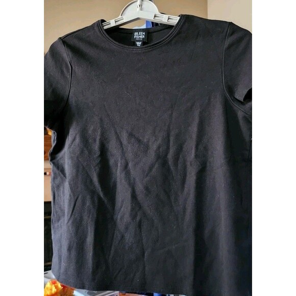 Eileen Fisher PM Black Crew Neck Short Sleeve Tee Shirt D25 Cotton Excellent - Picture 2 of 5
